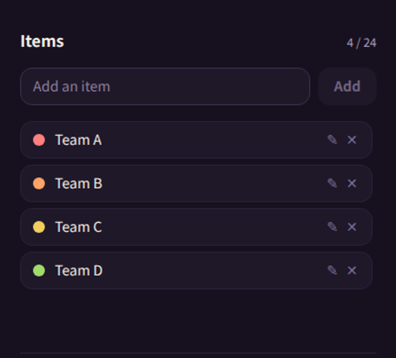 Typing “Team E” and pressing Add grows the list from four items to five
