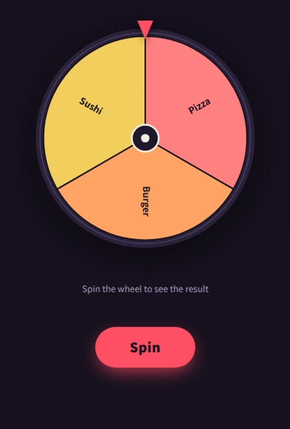 Pressing Spin turns the wheel, and the result appears when it stops